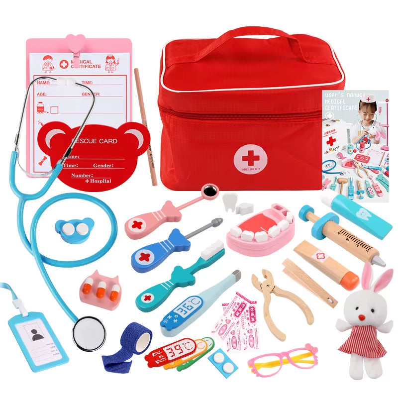 Toys for Children Girl Boy Kids Pretend Play Wood Doctor Toys Red Medical Kit Dentist Medicine Box Sets Cloth Bag Packing Games